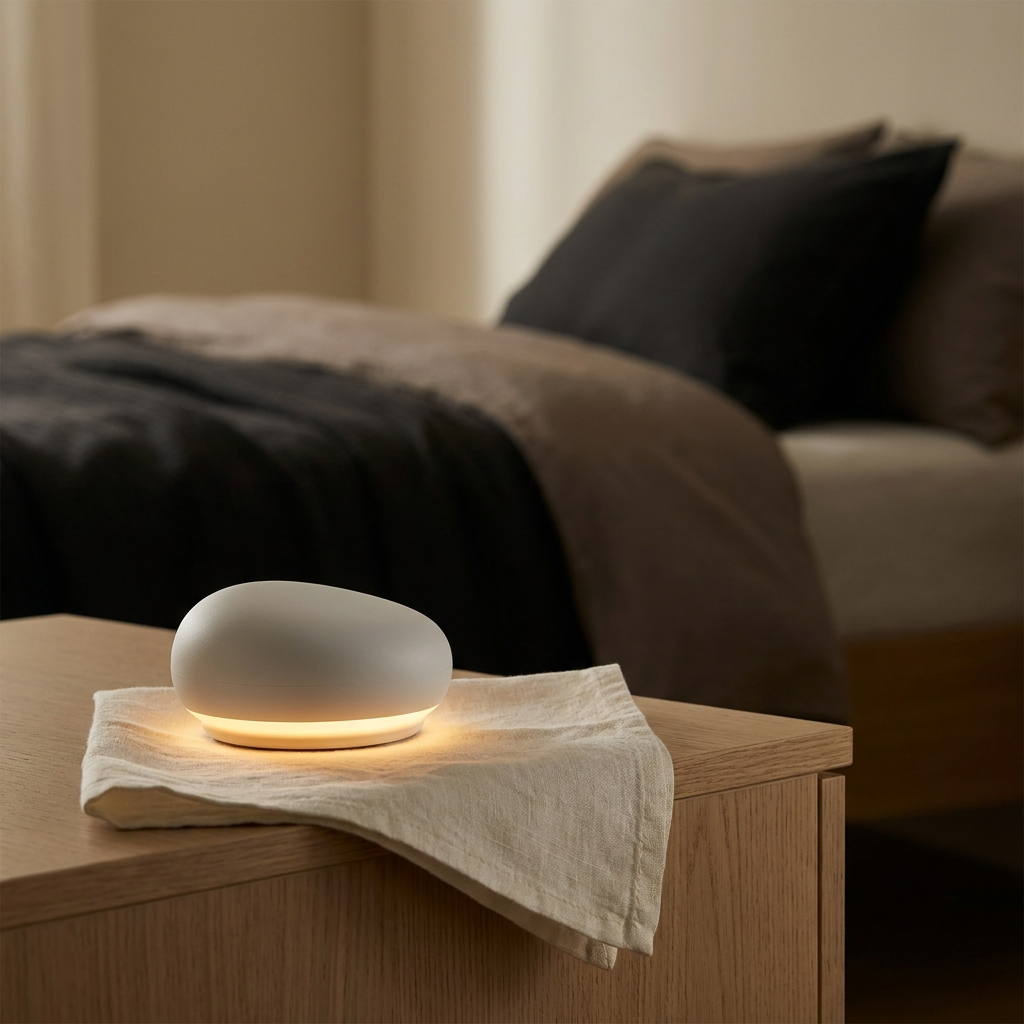 Veilleuse sonore blanche à lueur ambrée sur une table de chevet — Sleeping Zen