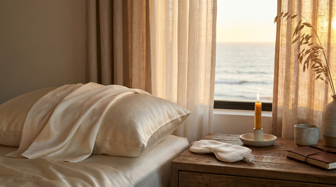 Taie de soie premium sur un lit blanc avec lumière de bougie, atmosphère calme et luxueuse