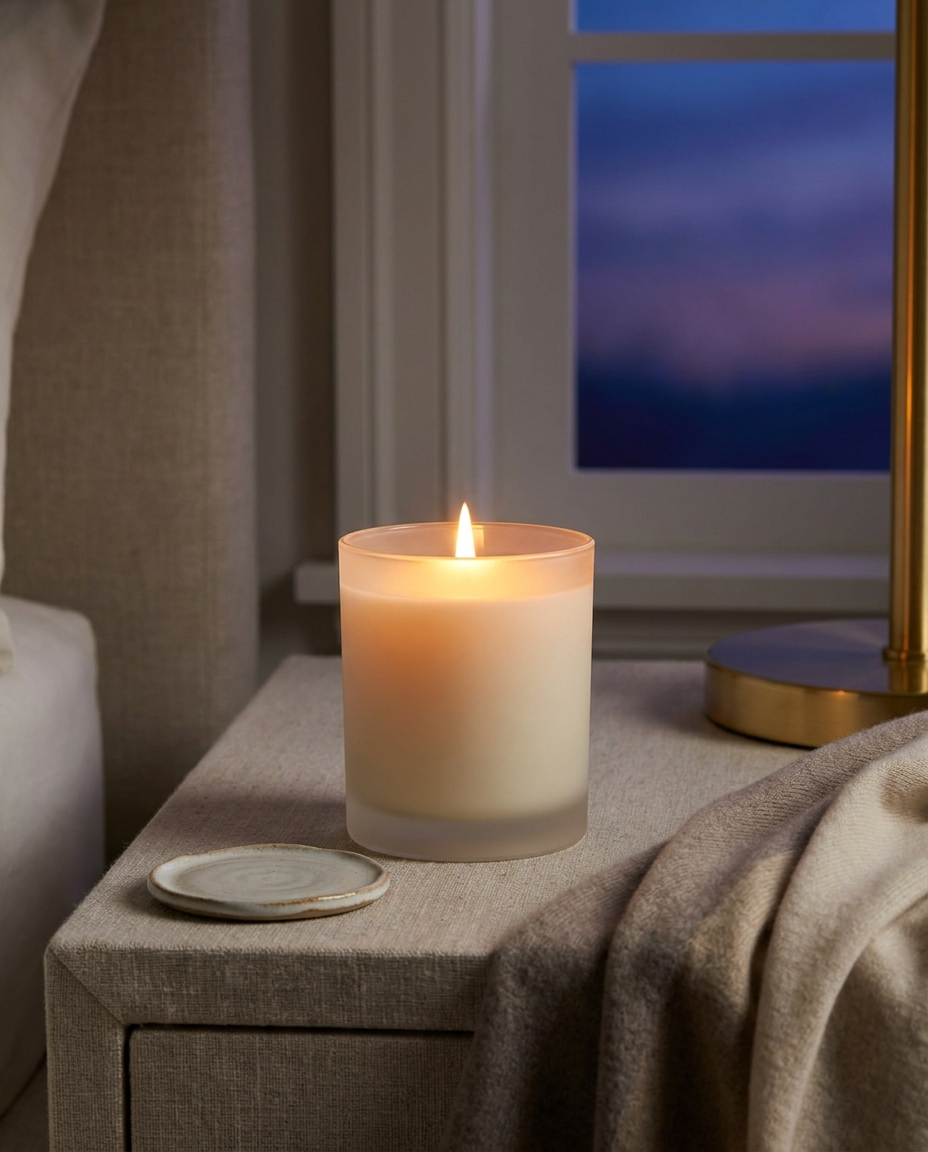 Bougie Cocon Nocturne Sleeping Zen sur une table de nuit