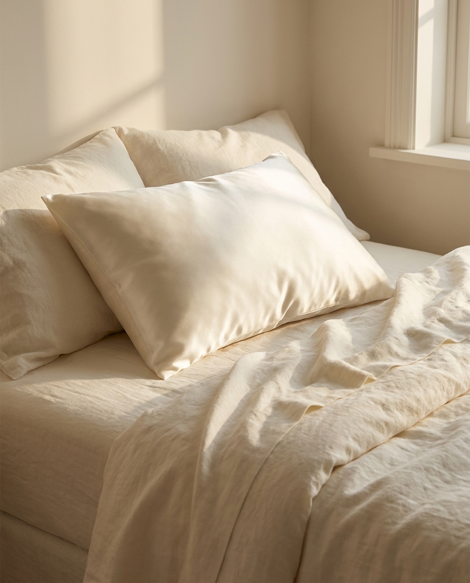 Taie d'oreiller en soie de murier ivoire Sleeping Zen sur lit en lin