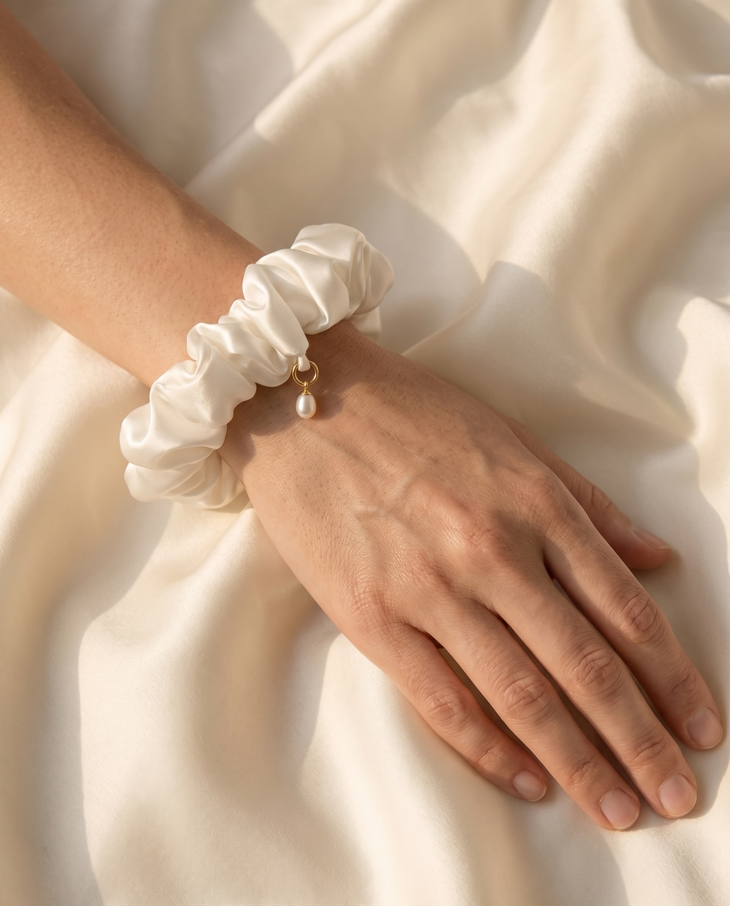 Chouchou en soie de murier ivoire porte au poignet comme un bracelet, breloque perle
