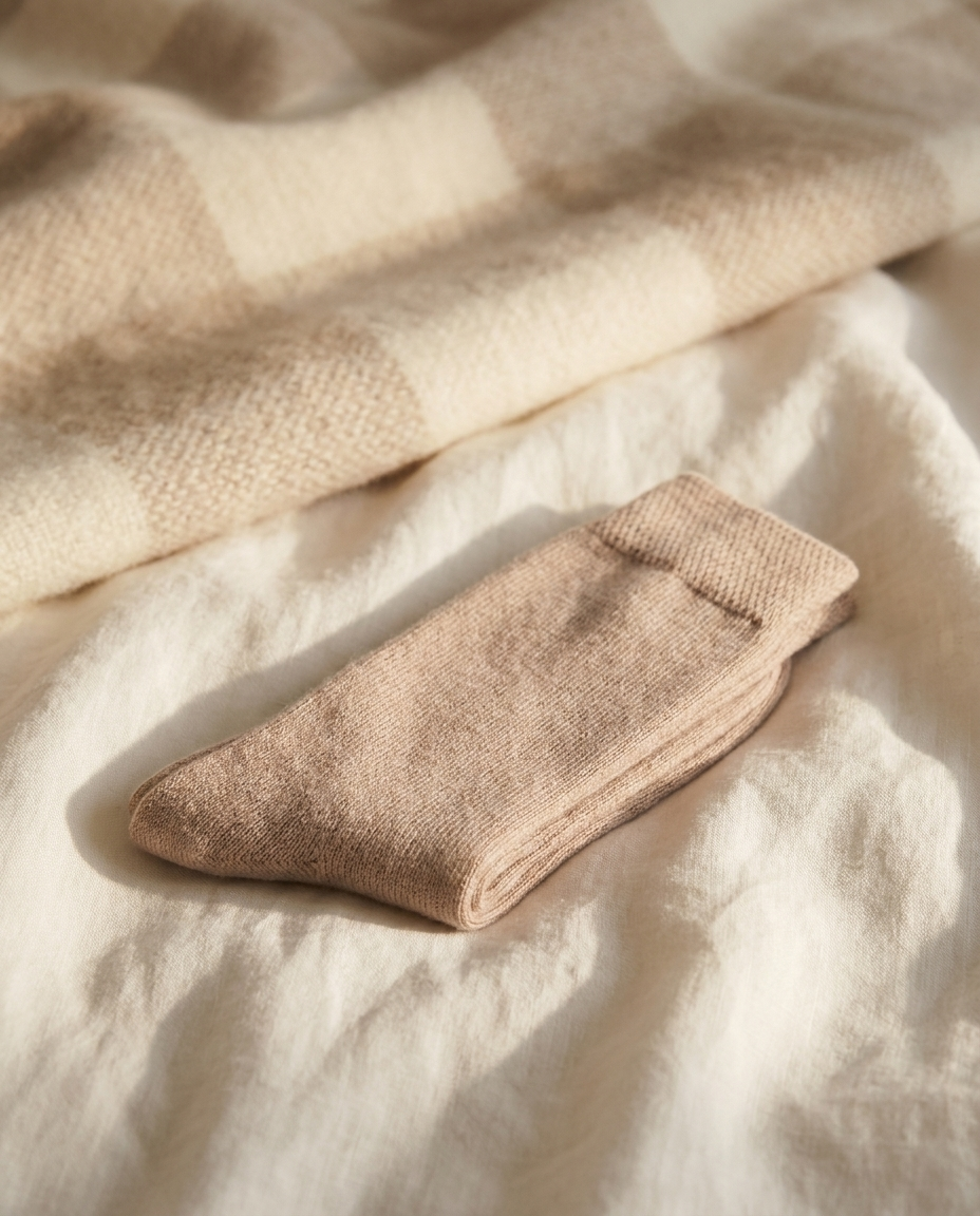 Chaussettes en laine d'alpaga Sleeping Zen pliées sur du lin ivoire