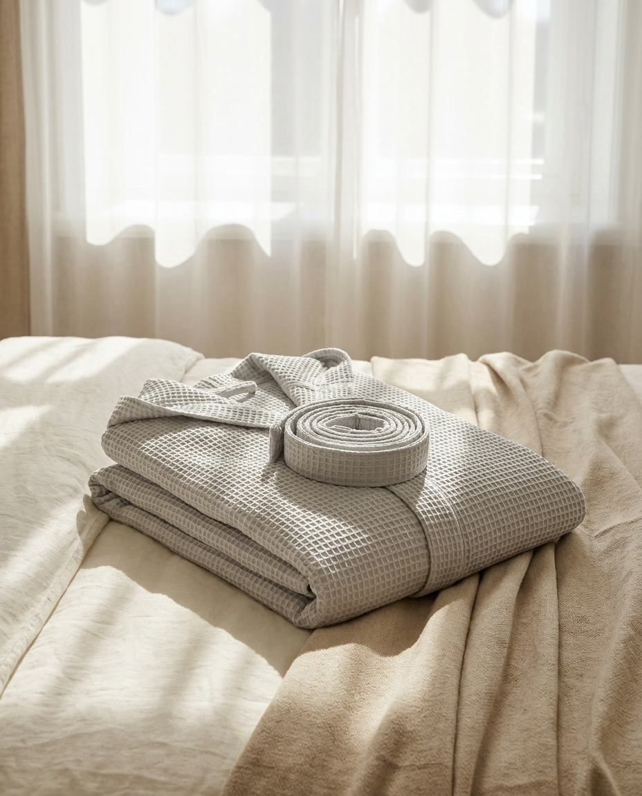 Peignoir en coton gaufré gris clair à capuche Sleeping Zen plié sur un lit en lin