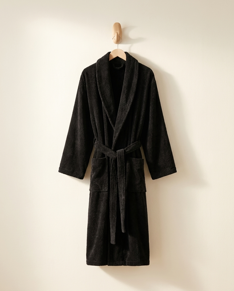 Peignoir en éponge de bambou noir Sleeping Zen suspendu à une patère en bois
