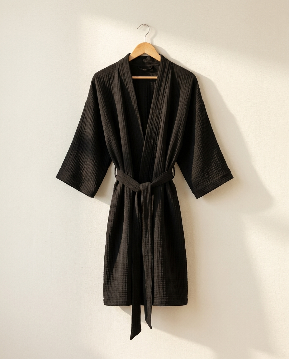 Kimono en mousseline de coton noir Sleeping Zen suspendu à un cintre en bois