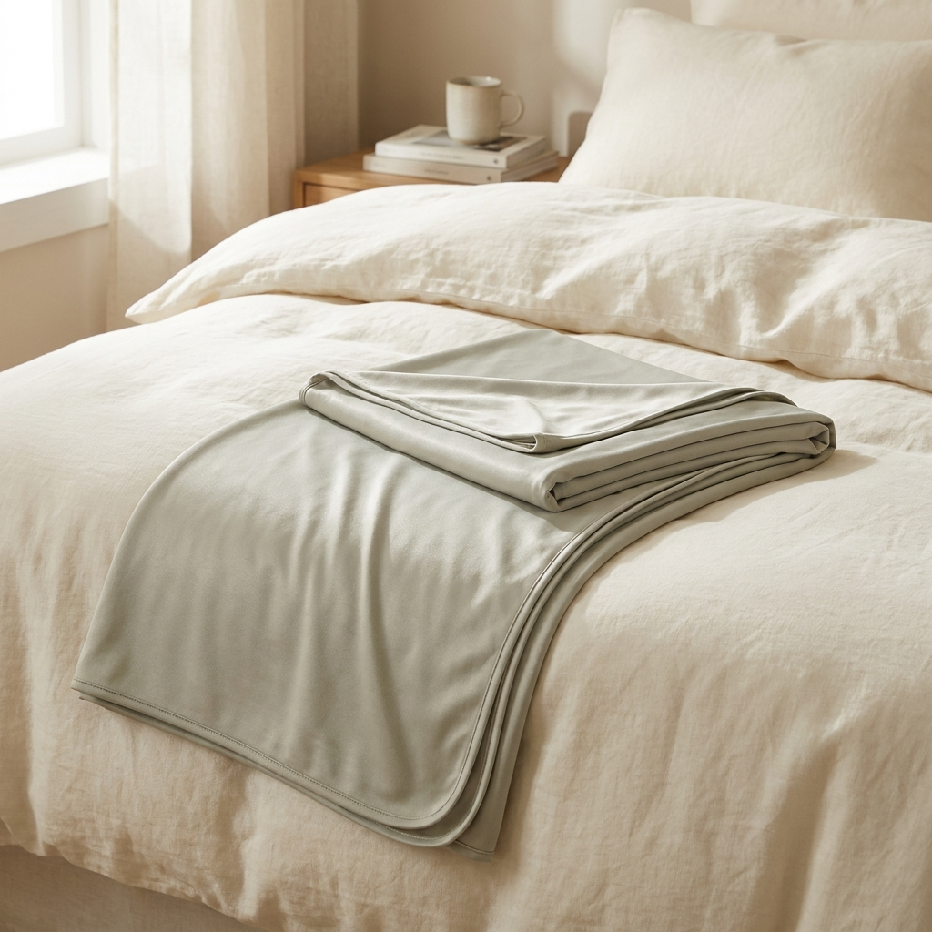 Couverture rafraîchissante à toucher froid pliée sur un lit en lin ivoire — Sleeping Zen