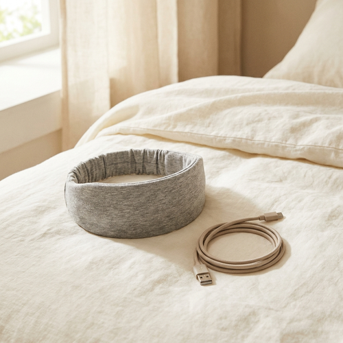 Bandeau de sommeil audio en tissu gris chiné posé sur un lin ivoire — Sleeping Zen