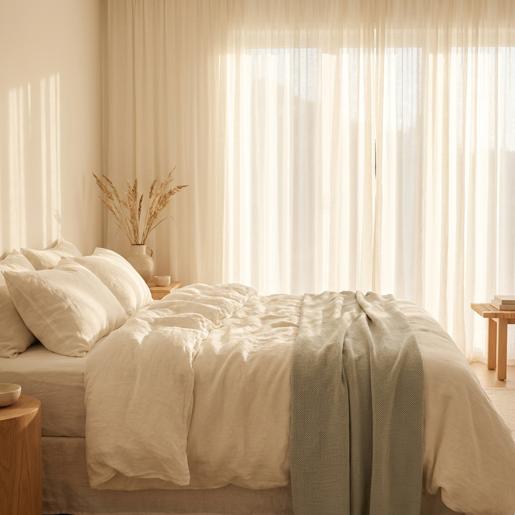 Couverture rafraîchissante étendue sur un lit d'été en lin ivoire — Sleeping Zen