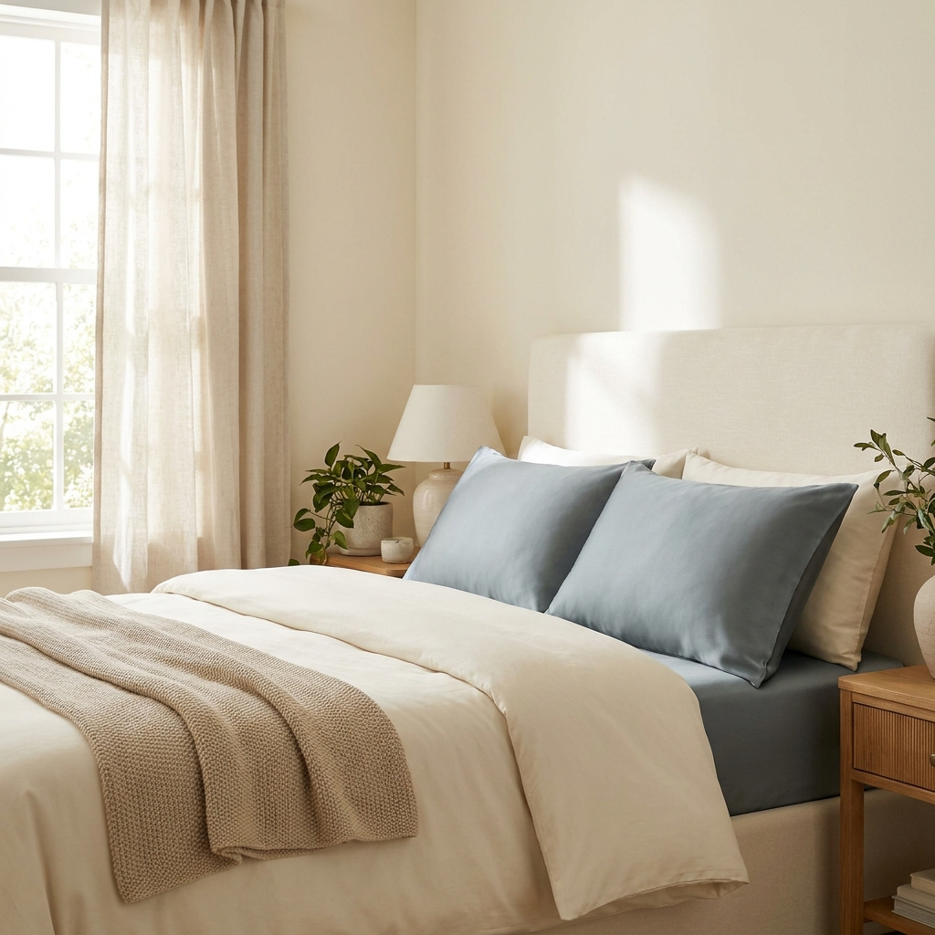 Deux oreillers habillés de taies rafraîchissantes dans une chambre claire — Sleeping Zen