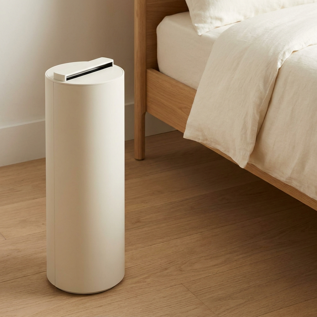 Ventilateur de lit design côté produit, posé au pied du lit — Sleeping Zen