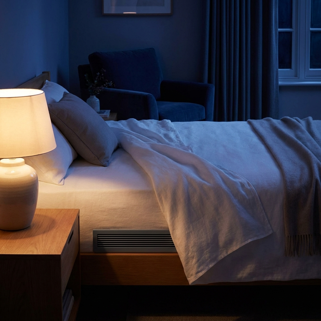 Brise d'air sous le drap dans une chambre de nuit apaisée — Sleeping Zen