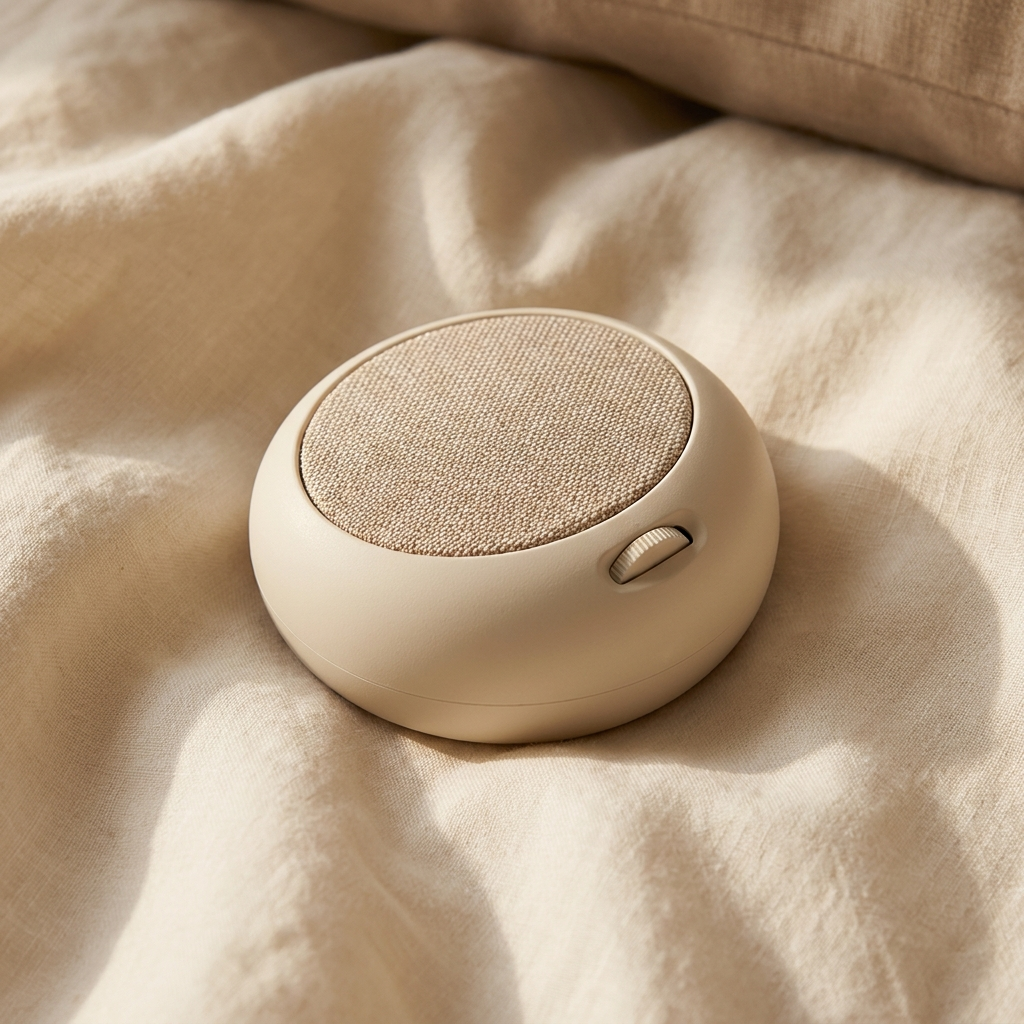 Détail du galet sonore en ivoire mat et tissu — Sleeping Zen