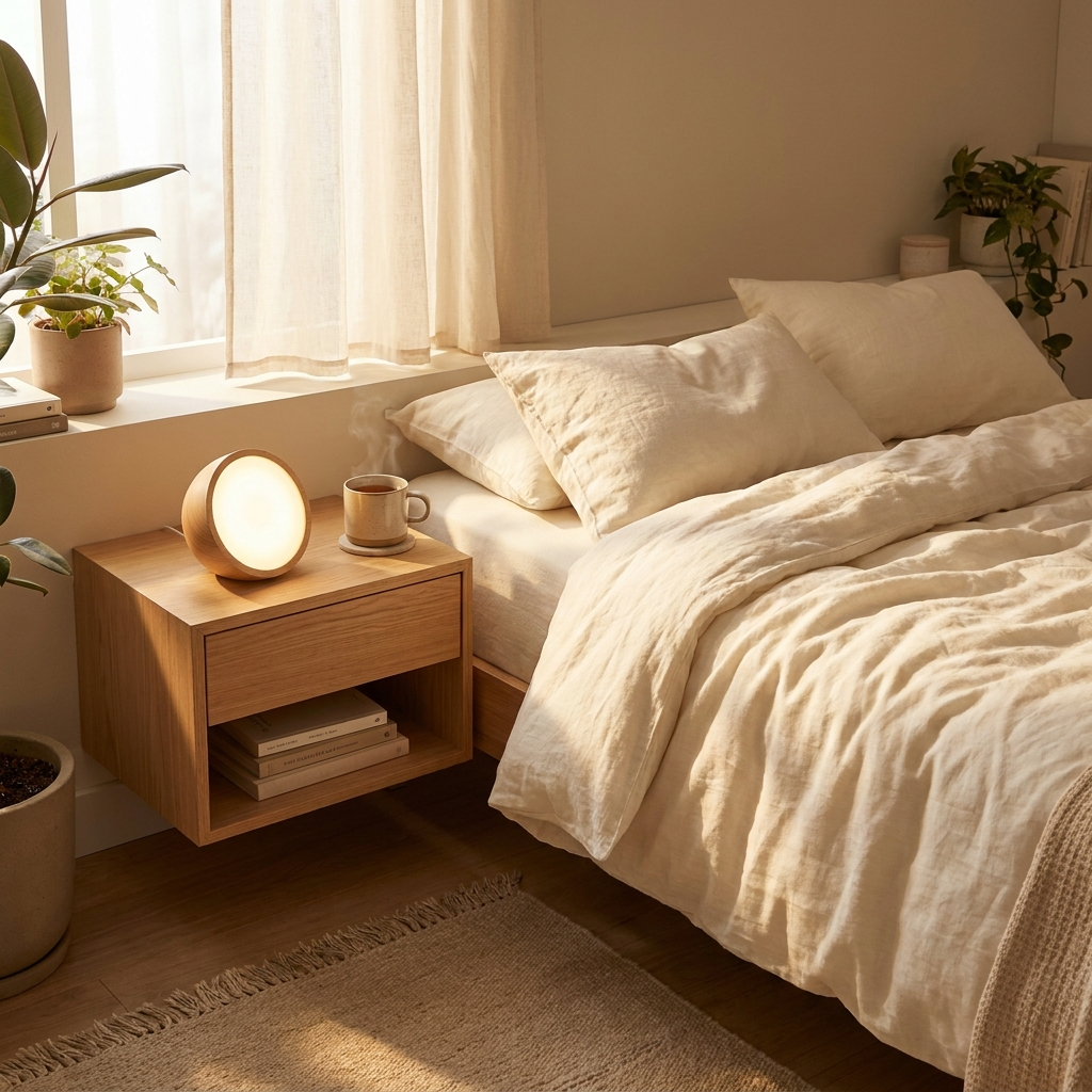 Réveil aurore au matin sur une table de chevet ensoleillée — Sleeping Zen