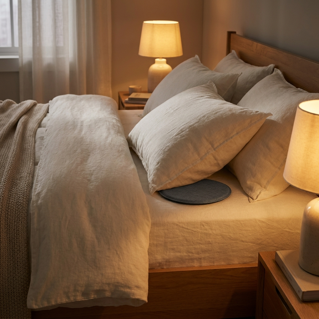 Enceinte de sommeil glissée sous l'oreiller dans une chambre du soir — Sleeping Zen