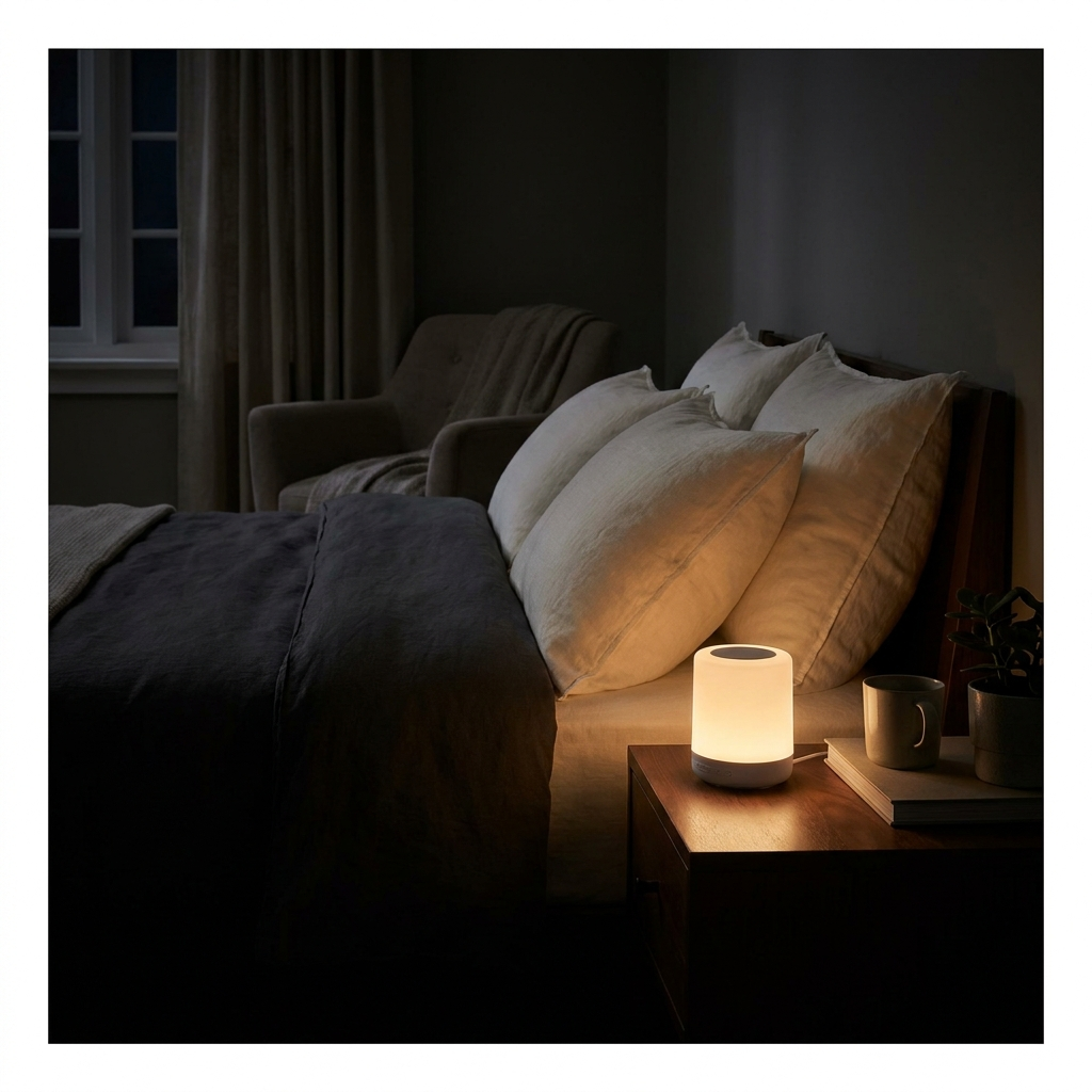 Veilleuse sonore allumée dans la pénombre d'une chambre — Sleeping Zen