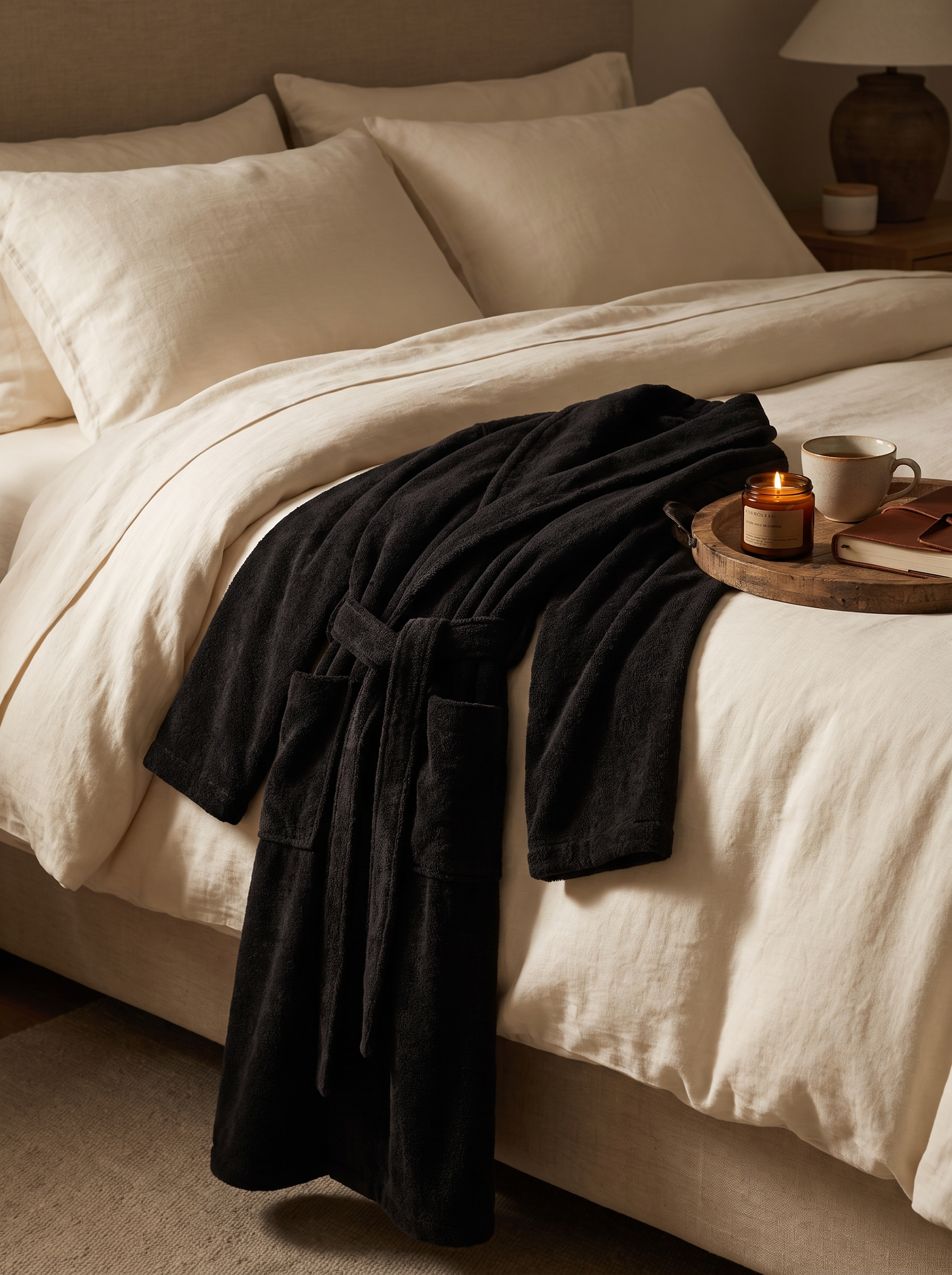Peignoir en éponge de bambou noir drapé sur un lit en lin ivoire, bougie allumée