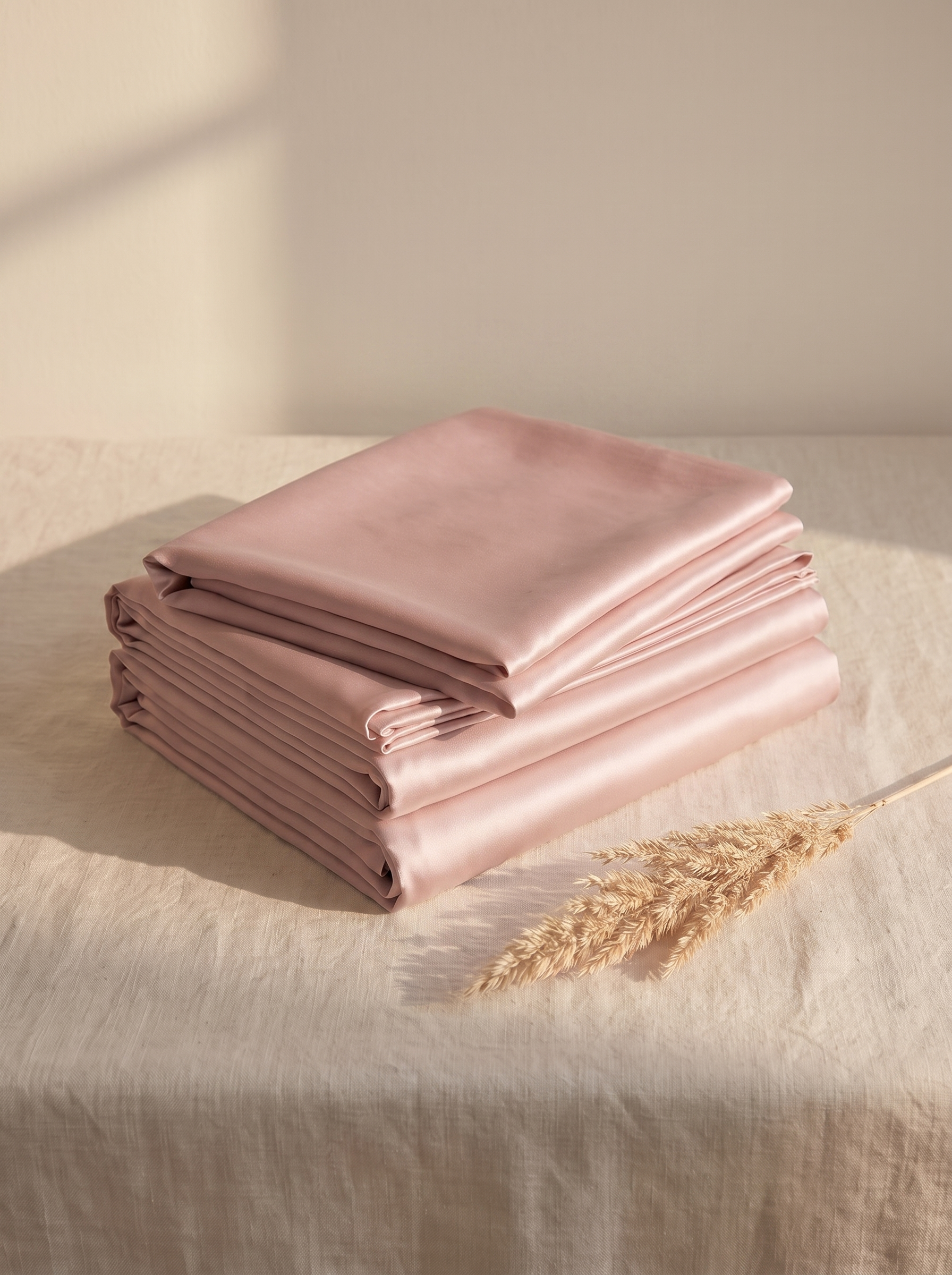 Taie d'oreiller en soie de mûrier rose poudré, pliée sur lin