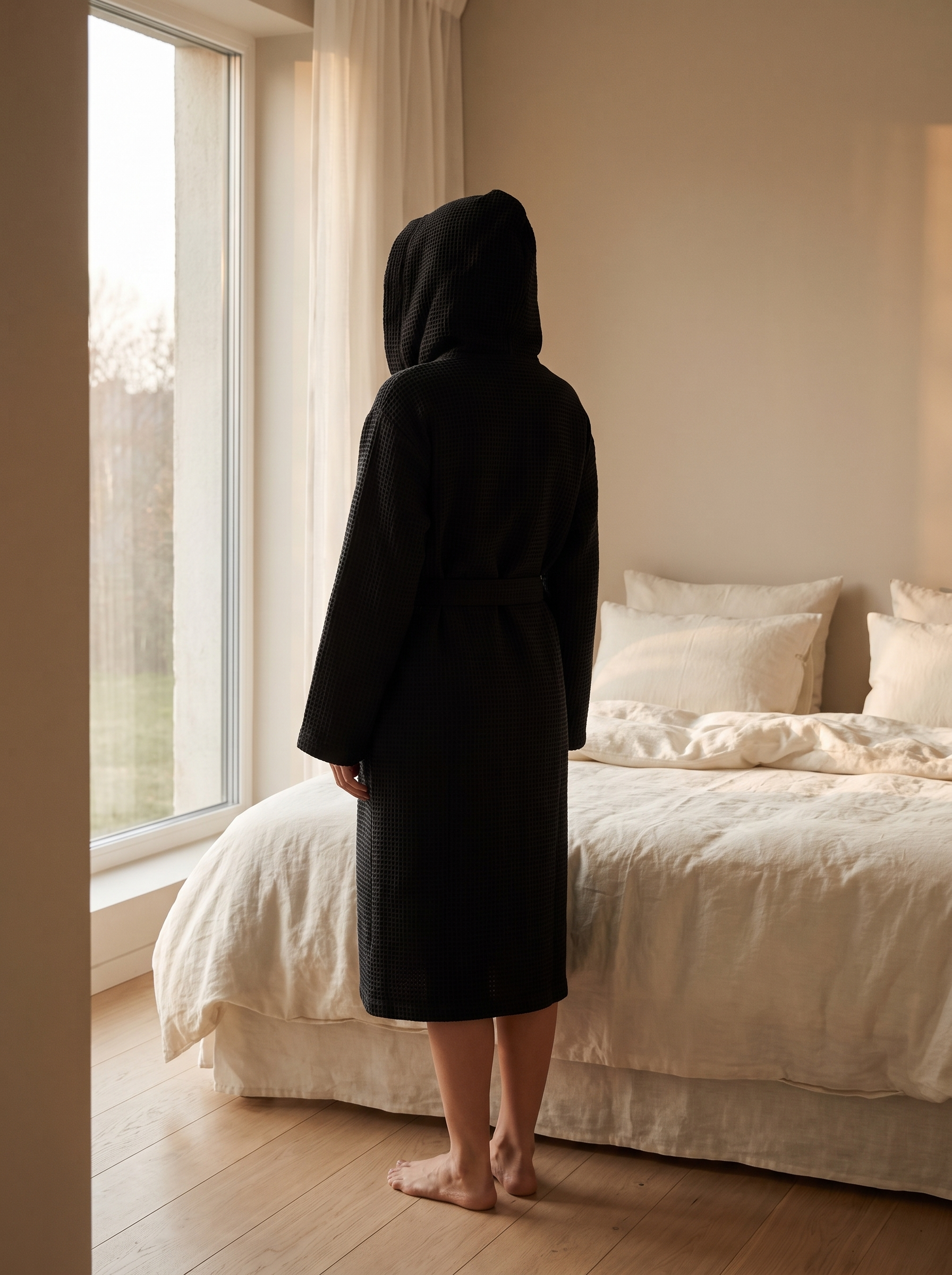 Peignoir en coton gaufré noir porté capuche relevée, silhouette de dos face à la fenêtre