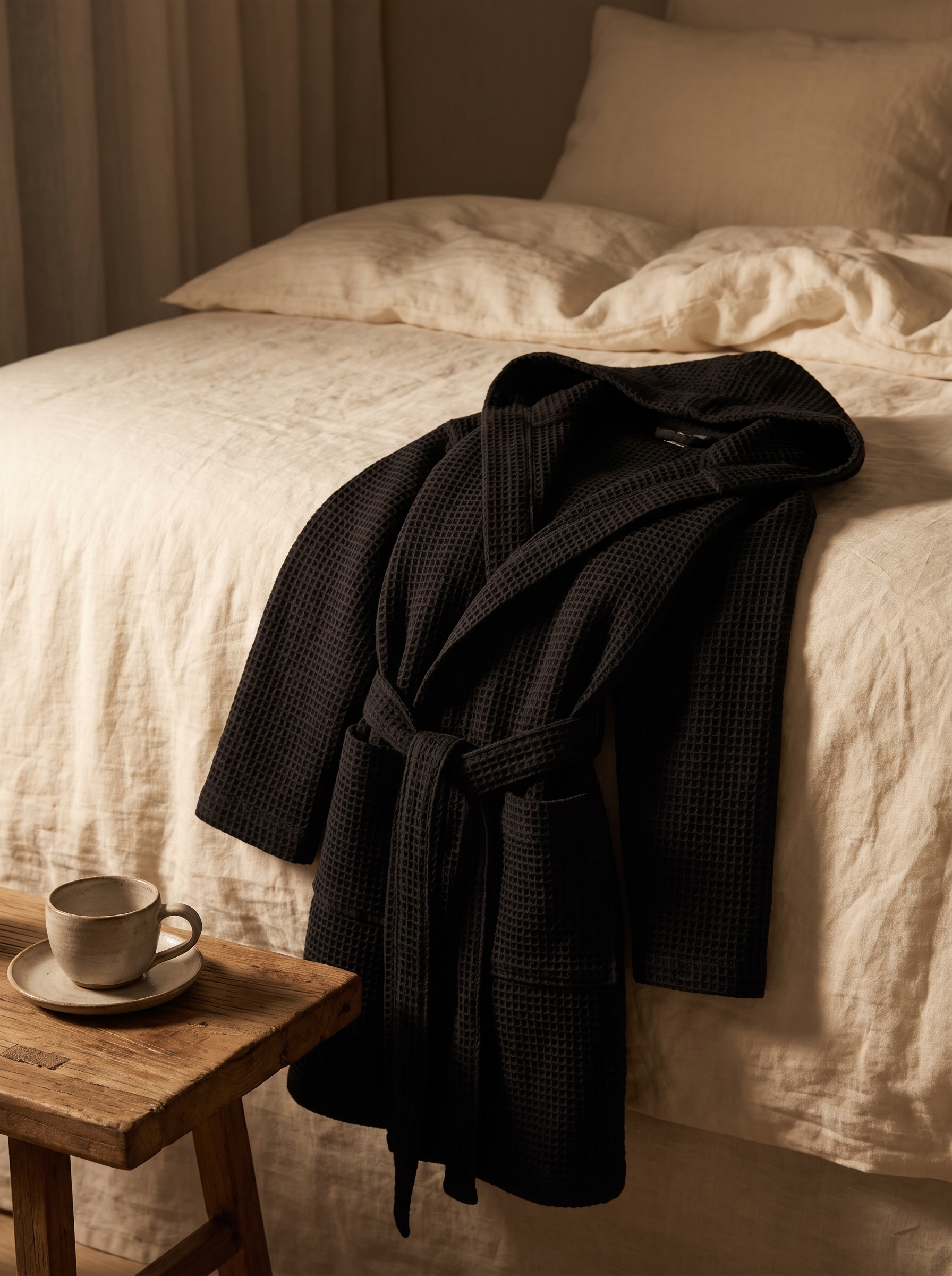 Peignoir en coton gaufré noir drapé sur un lit en lin ivoire