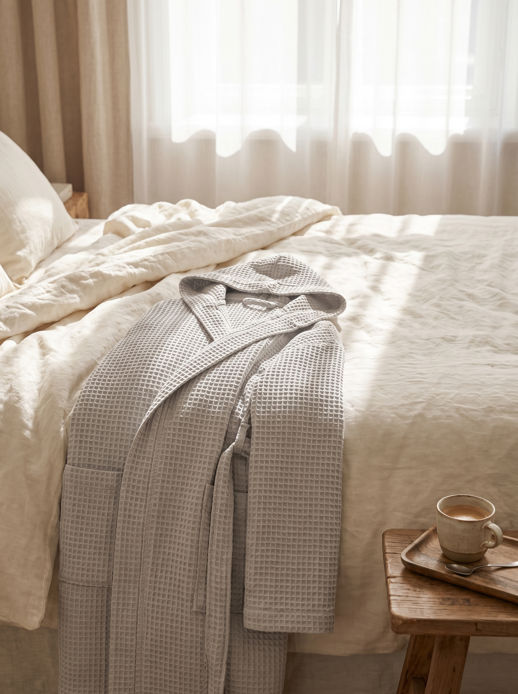 Peignoir en coton gaufré gris clair drapé sur un lit en lin ivoire, lumière du matin