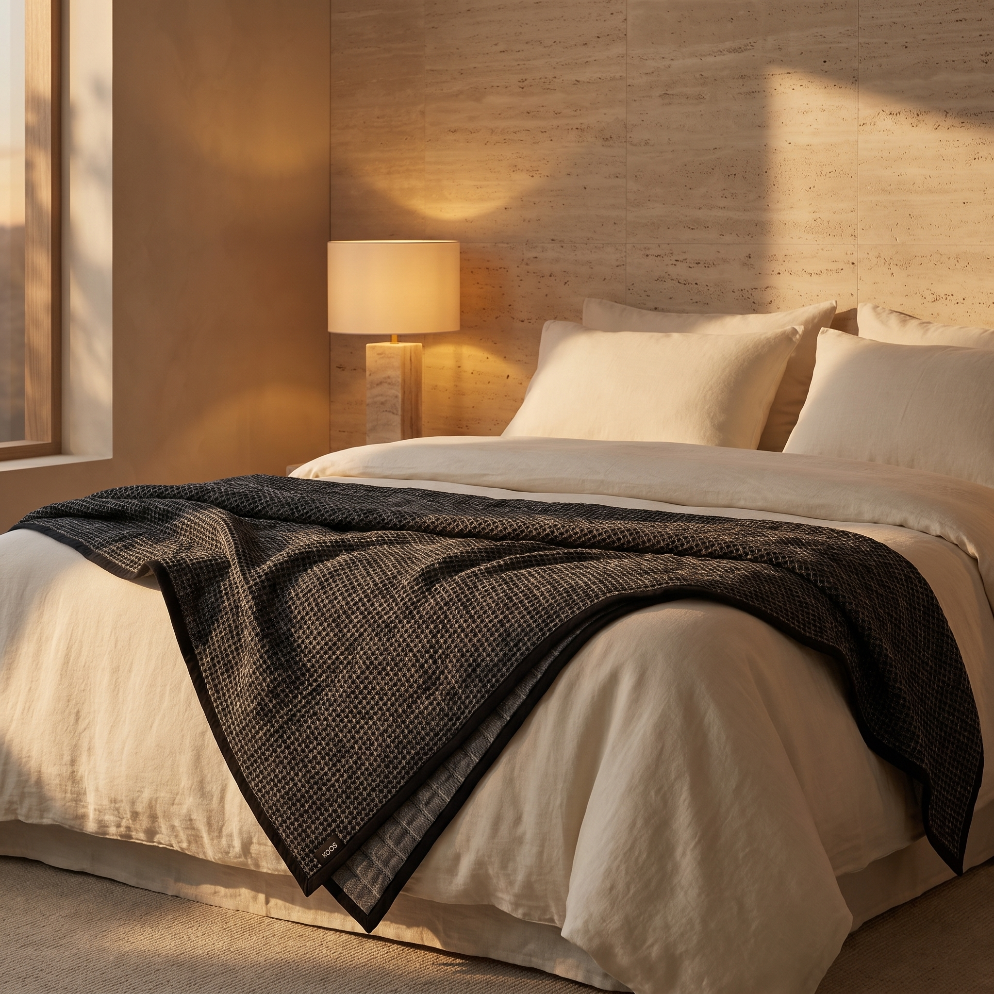 Jeté de lit lin et coton noir et gris, drapé sur un lit en linge ivoire — Sleeping Zen