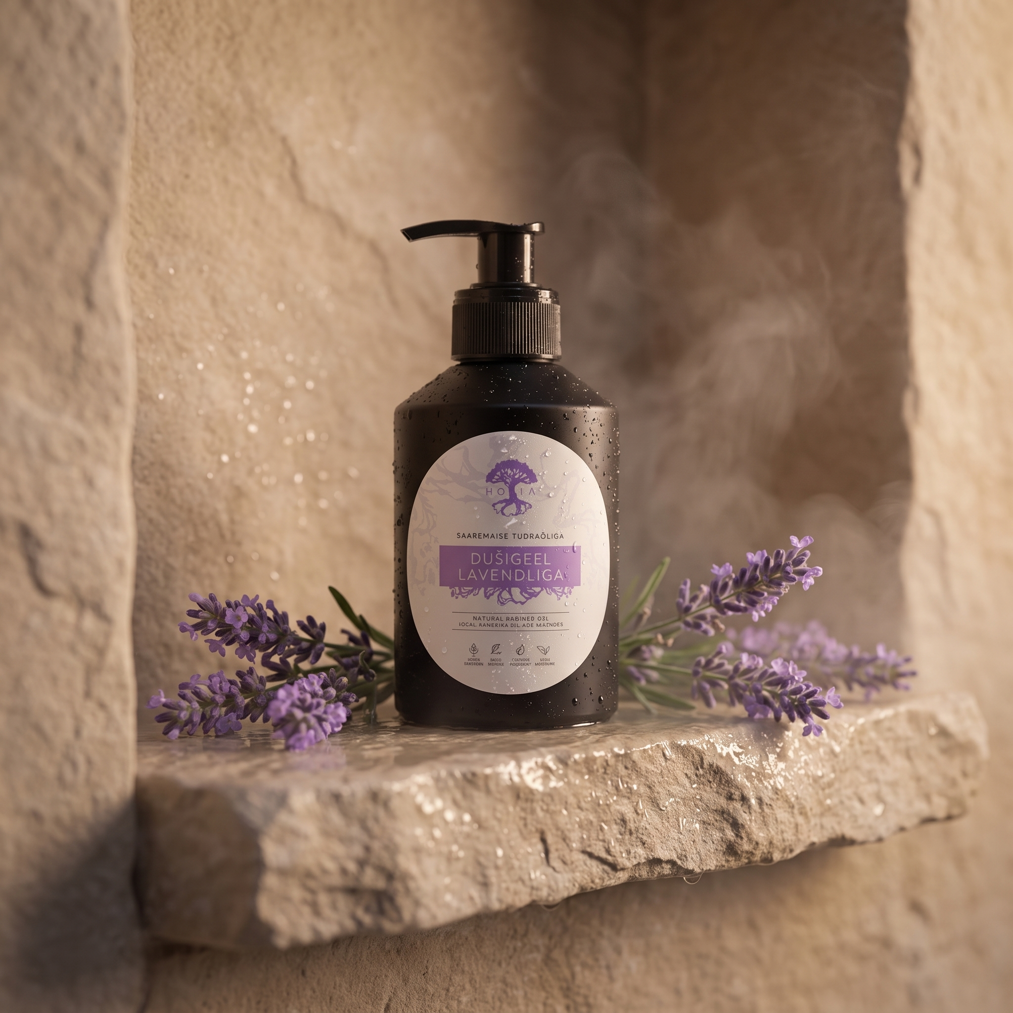 Gel douche lavande naturel dans une niche de douche en pierre — Sleeping Zen