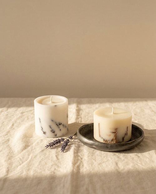 Duo de bougies XL en cire de soja Sleeping Zen — packshot éditorial sur lin ivoire